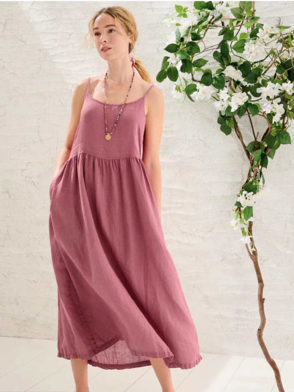 100% Lino Rose Pink Linen Midi Dress Empire Waist Pockets Minimalist Casual